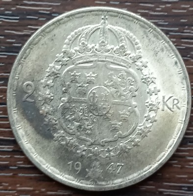 (A907) MONEDA DIN ARGINT SUEDIA - 2 KRONOR 1947, LIT. TS, REGELE GUSTAV V foto