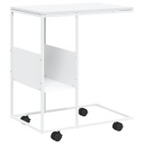 Cumpara ieftin Masuta laterala cu roti, alb/maro, 55x36x63,5 cm lemn prelucrat