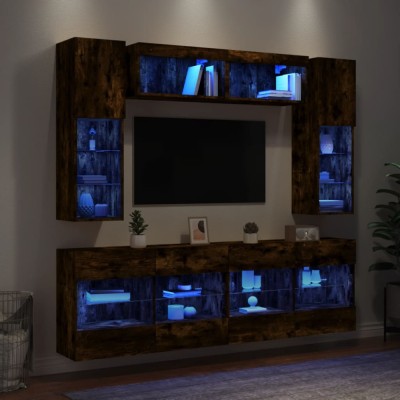 vidaXL Comode TV de perete cu lumini LED, 6 piese, stejar fumuriu foto