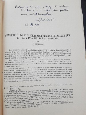 Constructori rusi de iazuri in secolul al VII-lea in Tara Romaneasca si Moldova - M. Stoicescu cu dedicatie foto