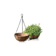 Cos suspendat pentru flori, maro, otel + fibra nuca de cocos, cu lant si carlig, 20cm