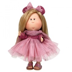 Papusa Nines D&#039;Onil Mia cu parul blond, funda roz, articulatii, miros de vanilie, 30 cm