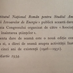 Activitatea Institutului Nat. Rom., Studiul Amenajării Izvoarelor Energie 1934