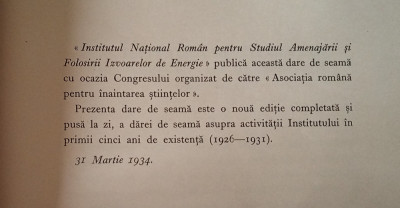 Activitatea Institutului Nat. Rom., Studiul Amenajării Izvoarelor Energie 1934 foto