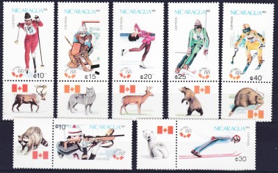 DB1 Olimpiada Iarna Calgary 1988 Nicaragua Fauna Canadiana Vignete 7 v. MNH foto