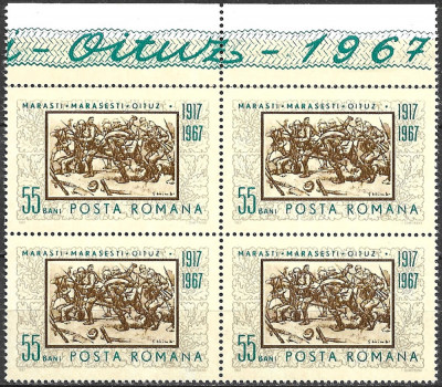 ROM&amp;Acirc;NIA 1967 - LP 652 - MĂRĂȘEȘTI, MĂRĂȘTI ȘI OITUZ - SERIE MNH BLOC X4 foto