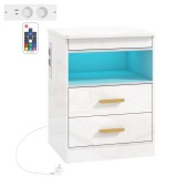 HOMCOM Noptieră modernă, masă laterală cu stație de &icirc;ncărcare și iluminare LED RGB, alb lucios | Aosom Romania