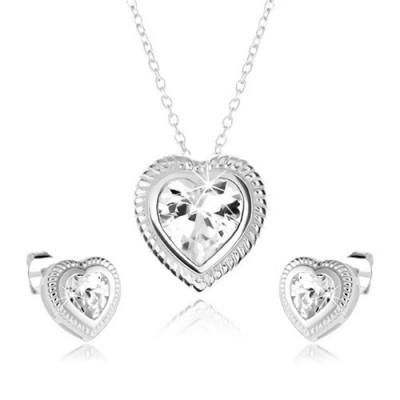 Set cu un colier şi cercei din argint 925, inimă simetrică, zirconiu transparent foto