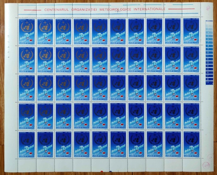 ✅ RO 1973 ,LP 825 ,&quot;Centenarul Org. Meteorologice Internationale &quot; , serie in coala completa de 50 marci ,MNH