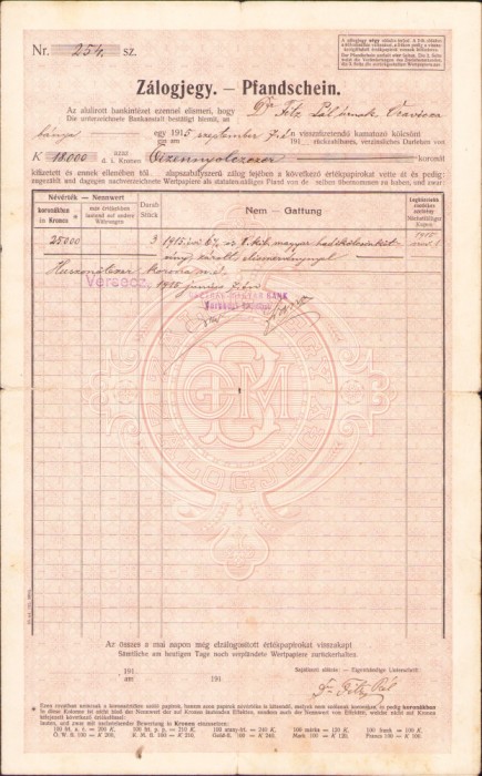 HST A798 Titlu de garanție 1915 dr Fitz P&aacute;l Oravița Osztrak-Magyar Bank V&acirc;rșeț