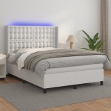 VidaXL Pat cu arcuri, saltea și LED, alb, 140x200 cm, piele eco