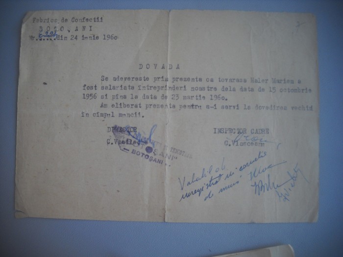 HOPCT DOCUMENT VECHI 405 FABRICA DE CONFECTII BOTOSANI 1960