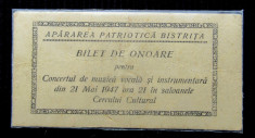 Bilet de Onoare pentru Concert de muzica vocala si instrumentala.Bistrita 1947. foto