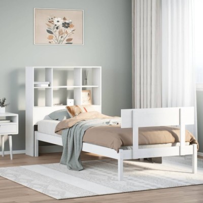 vidaXL Pat cu bibliotecă fără saltea, alb, 90x190 cm, lemn masiv pin 3321795 foto