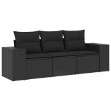 Set mobilier de gradina cu perne, 3 piese, negru, poliratan