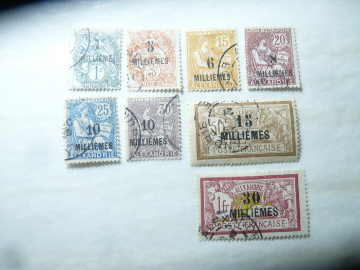 Serie mica Posta Franceza in Alexandria 1921 , 8 valori stampilate ,supratipar