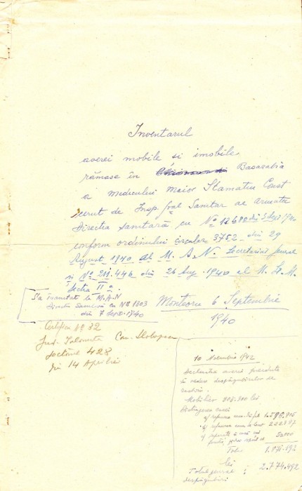 A3623N Inventarul averii rămase &icirc;n Basarabia a unui ofițer superior rom&acirc;n medic militar după ultimatumul sovietic din anul 1940