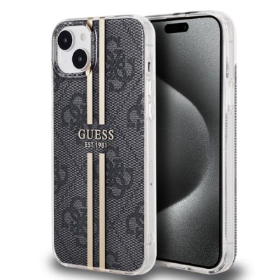 Husa pentru iPhone 15 Plus / iPhone 14 Plus - Guess Hardcase IML 4G Gold Stripe (GUHCP15MH4PSEGK) - Black foto