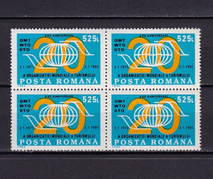 ✅ RO 1994 LP 1365 &quot;A XX-a aniversare a Org. Mond. A Turismului&quot;, serie in bloc de 4 ,MNH