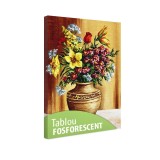 Tablou Fosforescent Flori din Gradina, Canvas, 30x20cm - Decoratiune Luminoasa de Noapte, Cadru Lemn