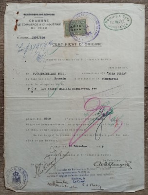 Certificat de origine a marfii, destinatia Constanta, Chio, Grecia 1936 foto
