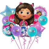 Set De 11 Baloane Figurina Gabby 93 cm, Baloane Latex 30 cm Gabby&#039;s DollHouse, Balon Folie 45 cm, Mov si Verde, ANTADESIM