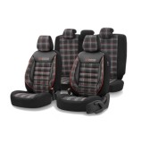 Cumpara ieftin Set huse scaune auto textil cu piele ecologica GTI SPORTS Design , Neagra cu cusatura portocalie, pentru scaune fata si spate