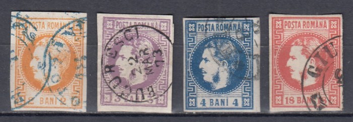 ROMANIA 1868 LP 21 LP 22 LP 23 LP 24 REGELE CAROL I CU FAVORITI EMISIUNEA a II-a SERIE STAMPILATA
