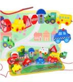 Tabla colorata educative cu Blocuri din lemn, snur și masinuțe pentru copii