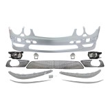 Set bara fata MERCEDES Clasa E (W211) 03.2002-06.2006, cu lampi ceata, cu 6 gauri spalator si senzori parcare; grunduit, de vopsit; type AMG; cu gril