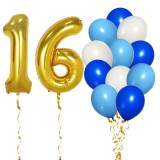 Set Baloane Aniversare 16 Ani Baiat, Albastru/Auriu, 14 Buc: 2 Folie Cifra 81cm + 12 Latex 30cm. Baloane Ropet pentru Petrecere!