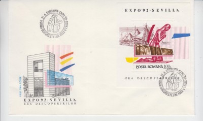 C12 - FDC Romania - Expozitia era descoperirilor Sevilla colita - LP1294 - 1992 foto