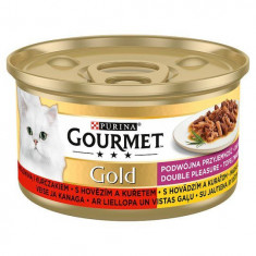 Conservă Gourmet GOLD - bucățele fripte și înăbușite de vită și pui, 85g