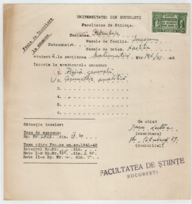 Romania, Universitatea din Bucuresti, Foaie de inscriere la examen, 1941 foto