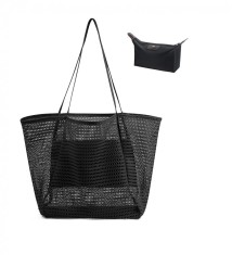 Geanta de plaja pentru femei Flintronic, din plasa, 45 x 35 x 16 cm, negru - RESIGILAT