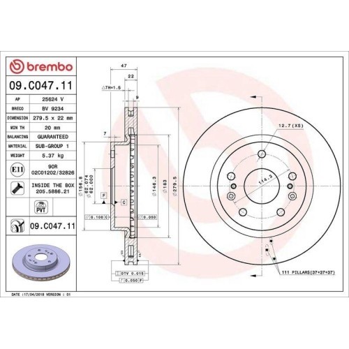 Set disc frana Suzuki S-Cross 01.22-, Sx4 S-Cross (Jy) 08.13-, Vitara (Ly) 02.15-, Fata, 280X22mm, ventilat, BREMBO