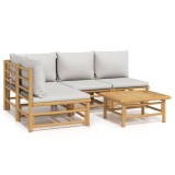 Set mobilier de gradina cu perne gri deschis, 5 piese, bambus