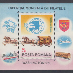 ROMANIA 1989 LP 1230 EXPOZITIA MONDIALA DE FILATELIE WASHINTON 89 COLITA MNH