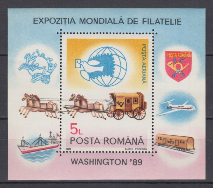ROMANIA 1989 LP 1230 EXPOZITIA MONDIALA DE FILATELIE WASHINTON 89 COLITA MNH