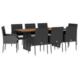 Set mobilier de gradina cu perne, 9 piese, negru, poliratan