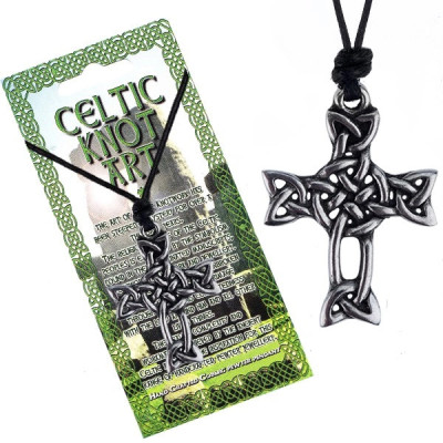 Colier din șnur negru și pandantiv lucios, cruce cu nod celtic foto