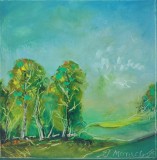 Pictură originală ulei pe p&acirc;nză &bdquo;Mesteceni sub cer turcoaz&rdquo; 20x20 cm, pe șasiu. Certificat cu semnătura și ștampila artistului