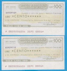 (2) 2 CEC-URI BANCARE ITALIENE- BANCA CATTOLICA DEL VENETO, 100 LIRE,CONSECUTIVE