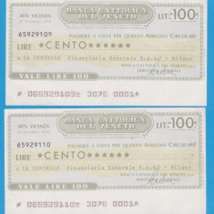 (2) 2 CEC-URI BANCARE ITALIENE- BANCA CATTOLICA DEL VENETO, 100 LIRE,CONSECUTIVE