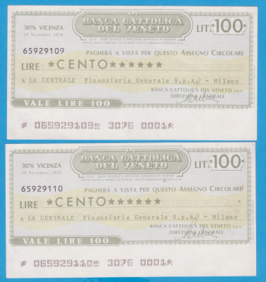 (2) 2 CEC-URI BANCARE ITALIENE- BANCA CATTOLICA DEL VENETO, 100 LIRE,CONSECUTIVE foto