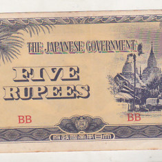 bnk bn Burma 5 rupii 1942-1944 ,vf , 16a, ocupatia japoneza