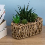 Ghiveci decorativ oval din paie cu 5 plante artificiale, 19x8x17cm, verde, CMCLASS