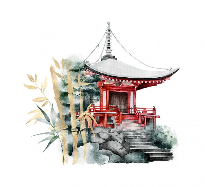 Sticker decorativ Templu Japonez, Alb, 51 cm, 3483ST