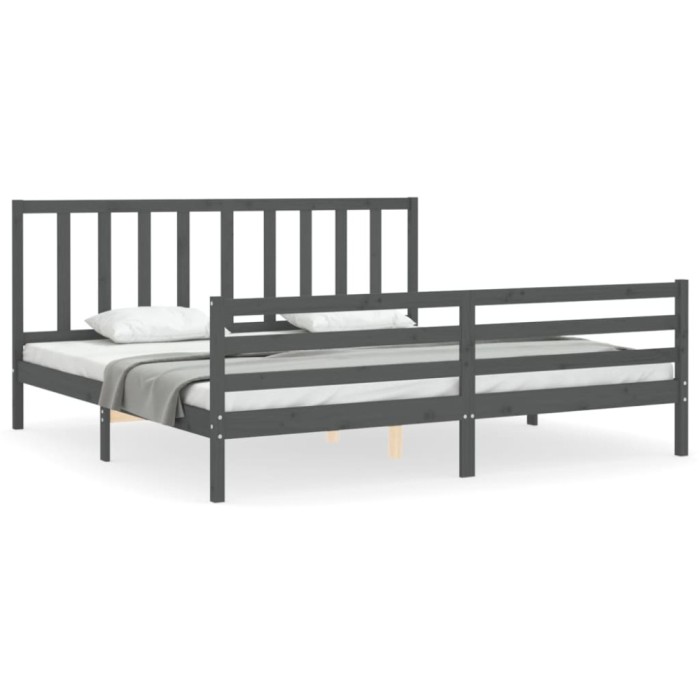 Cadru pat cu tablie 200x200 cm, gri, lemn masiv