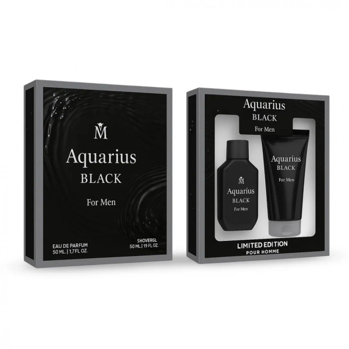 Set cadou barbati Aquarius Black 2 x 50ml apa de parfum si gel de dus miros fresh lemnos Magrot 25051